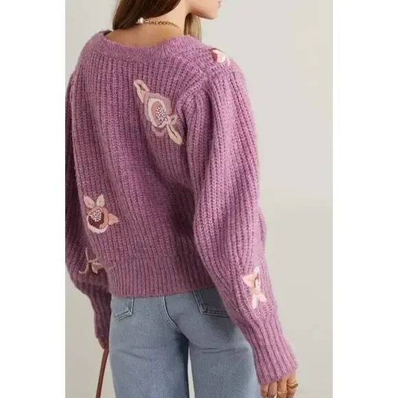 LoveShackFancy Ridge Sweater Floral Embroidered Balloon Sleeve Chunky Knit Berry - Picture 5 of 16